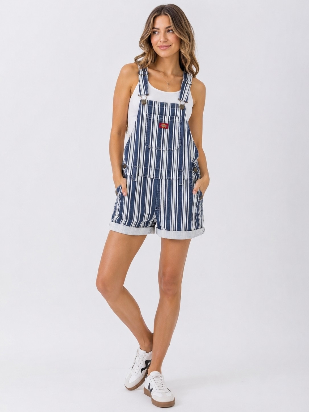 Dickies Navy and White Striped Denim Short Overalls
